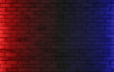 Lighting effect red and blue on empty brick wall background. Backdrop decoration party happiness...