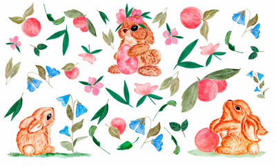 Set with watercolor bunnies, leaves, flowers and fruits.