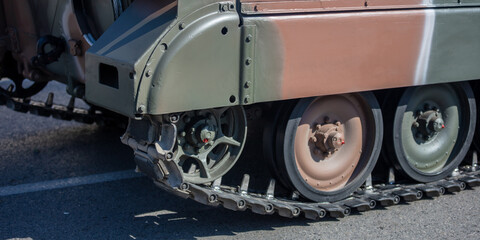 Military parade. Armored vehicle camouflage color, close up view. Army weapon for war and defense