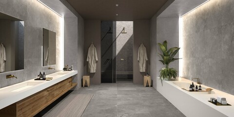 Modern interior design, bathroom with gray tiles, seamless, luxurious background.