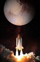 Space Shuttle takes off to Pluto. Elements of this image furnished by NASA.