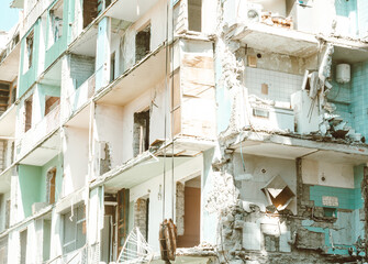 Residential building destroyed. Daytime. Ruins of a house. 