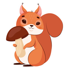 Cute squirrel with mushroom cartoon vector illustration. Pretty wildlife animal with furry tail on white background preparing food for winter. Rodent, food concept