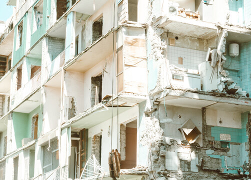 Residential building destroyed. Daytime. Ruins of a house. 