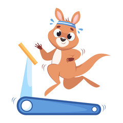 Kangaroo jogging on treadmill cartoon vector illustration. Cute mammal with headband running, doing cardio workout or physical activity. Wildlife animal, marsupial, sport concept