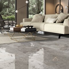 Modern interior design, room with gray tiles, white sofa, seamless, luxurious background.