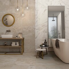 Modern interior design, bathroom with gray tiles, elegant lamps, luxurious background.