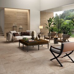 Modern interior design, room with beige tiles, seamless chairs, luxurious background.