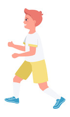 Young male athlete participating in marathon semi flat color vector character. Running figure. Full body person on white. Simple cartoon style illustration for web graphic design and animation