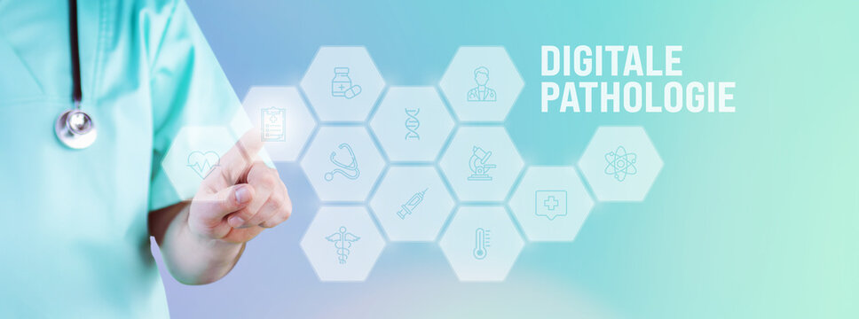 Digitale Pathologie. M&auml;nnlicher Arzt zeigt mit Finger auf digitales Hologramm aus Icons. Text mit medizinischen Begriff. Konzept f&uuml;r Digitalisierung in der Medizin
