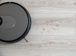 Robot vacuum cleaner is cleaning floor, close on dust