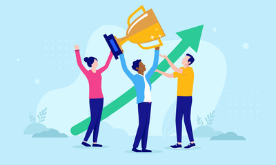 Business triumph vector illustration with casual people holding trophy cup in front of green arrow pointing up towards growth