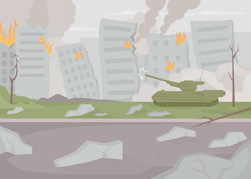 Battle scene flat color vector illustration. Outbreak of hostilities. Destroyed and burning town. Stop war. Devastated city 2D simple cartoon cityscape with ruined buildings on background