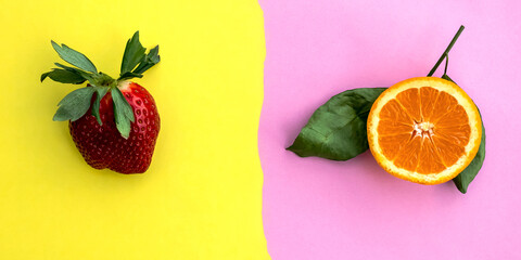 Red strawberry on yellow background and half of orange on pink background
