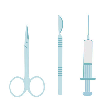 Medical tools set, surgical equipment , scalpel, scissors and syringe. Vector Illustration for printing, backgrounds, covers, packaging, posters and stickers. Isolated on white background.