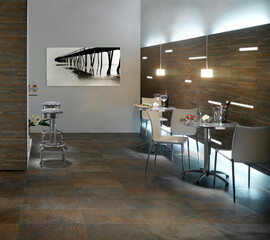 Modern interior design, space with elegant brown tiles, seamless resturant, luxurious background.
