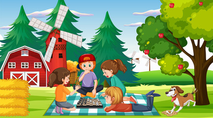 A natural scene landscape with children playing boardgame