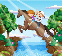 Obraz na płótnie Canvas A scene of girl and friend riding on a horse