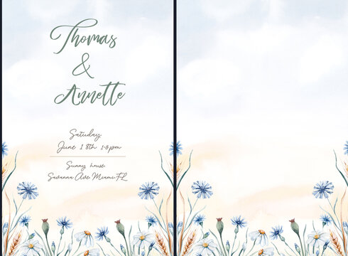 Watercolor background and wildflowers with poppy, cornflower chamomile, rye and wheat spikelets . Wedding and baby shower invitation