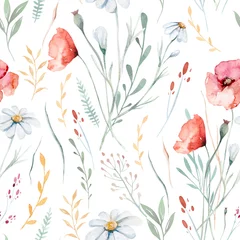 Abwaschbare Fototapete Vintage Blumen Aquarell-Wildblumen, nahtloses Muster mit Mohn, Kornblumen, Kamille, Roggen und Weizen-Ährchen-Hintergrund