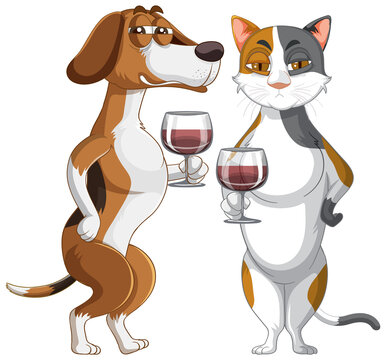 A dog and cat on drinking wine white background
