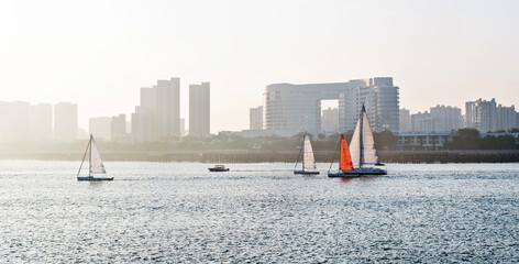 Sailboats in the sea at sunrise