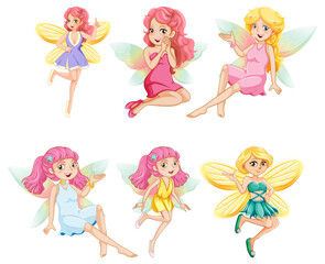 Set of different beautiful fairy girl cartoon character