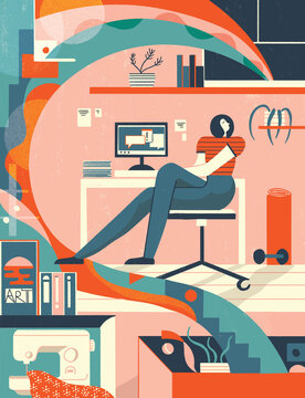 Home office illustration - woman sitting at desk thinking