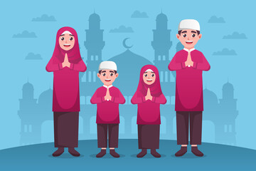 Moslem family with ramadan kareem greeting