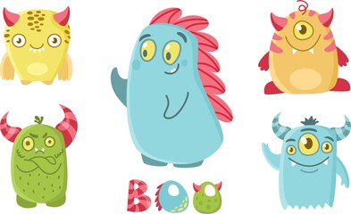 Obraz premium Vector set for children's illustration. Cute toothy monsters, Boo's lettering. Little dinosaurs.