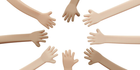 3D Rendering of top view of  team people putting hands stack together concept of unity and teamwork. 3D Render illustration cartoon style.