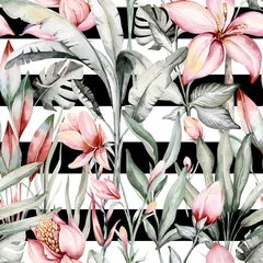 Papier peint Flamant Oiseaux aquarelles tropicales colibri, singe et jaguar, plantes exotiques de la jungle palmier feuilles de bananier fleurs, fond de tissu harmonieux de couleur pastel flamingo