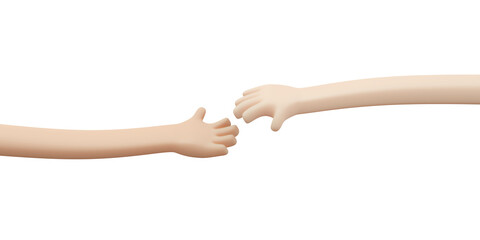 3D Rendering of hand reaching to each other concept of help support unity and teamwork. 3D Render illustration cartoon style.