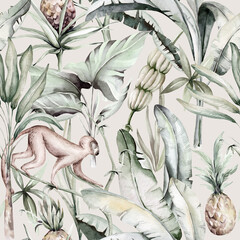 Tropischer Aquarellvogelkolibri, Affe und Jaguar, exotische Dschungelpflanzenpalmen-Bananenblätterblumen, flamingopastellfarbener nahtloser Mustergewebehintergrund