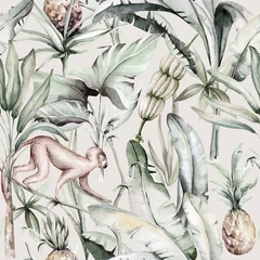 Papier peint Pastel Oiseaux aquarelles tropicales colibri, singe et jaguar, plantes exotiques de la jungle palmier feuilles de bananier fleurs, fond de tissu harmonieux de couleur pastel flamingo