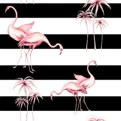 Afwasbaar Fotobehang Flamingo Tropische aquarel vogels kolibrie, aap en jaguar, exotische jungle planten palm bananenbladeren bloemen, flamingo pastel kleur naadloze patroon stof achtergrond