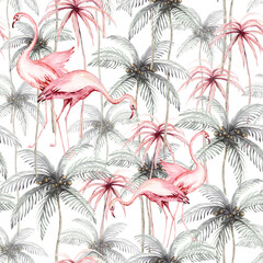 Tropische aquarel vogels kolibrie, aap en jaguar, exotische jungle planten palm bananenbladeren bloemen, flamingo pastel kleur naadloze patroon stof achtergrond