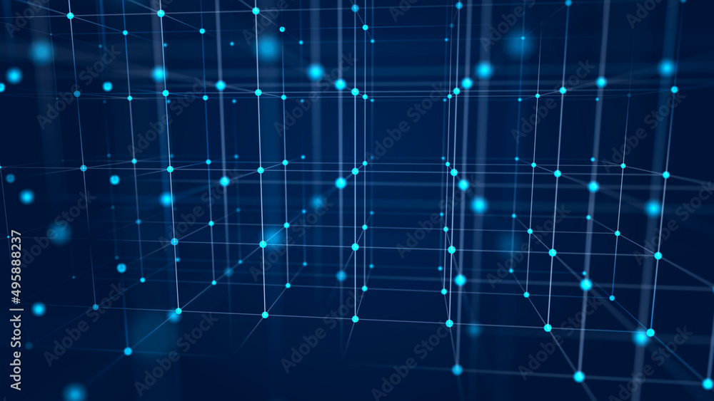 Poster digital blockchain concept. data storage in separate cells. abstract background with dots and connec