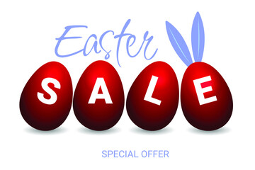 Easter Sale special offer with red Easter eggs on white background. Easter Sales special offer text design with hand lettering for business, holiday shopping, promotion and advertising. Vector