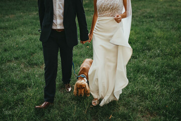 Bride and groom posing with dog at wedding.