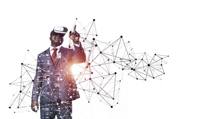 African businessman wearing VR headset working