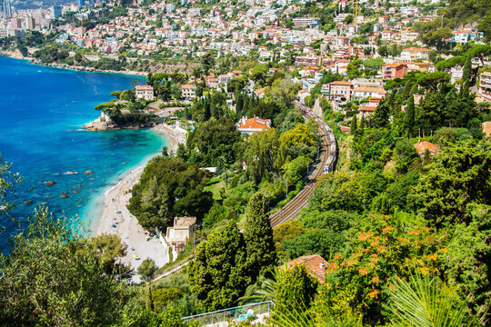 Beautiful views of the Roquebrune-Cap-Martin seacoast and the Buse beach, Roquebrune bay, Monte-Carlo Bay.French riviera, France, Europe