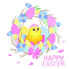 Happy Easter wreath with yellow Chicken, Easter eggs, flowers, leaves and branches on white background. Decorative frame with violet elements. Unique design for your greeting cards, banners, flyers. 
