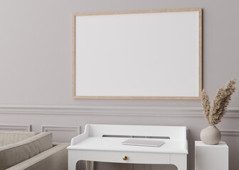 Empty picture frame on grey wall in modern living room. Mock up interior in contemporary style. Close up view. Free space for your picture, poster. Console, vase, pampas grass. 3D rendering.