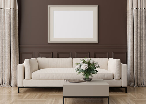 Empty horizontal picture frame on brown wall in modern living room. Mock up interior in classic style. Free, copy space for your picture, poster. Sofa, table, flowers in vase. 3D rendering.
