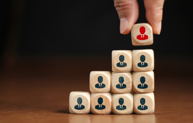 Human resource management and recruitment business concept, Hand putting wood cube block on top...