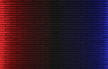 Lighting effect red and blue on empty brick wall background. Backdrop decoration party happiness.