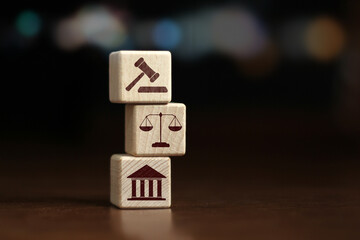 Wooden block cube shape with icon law legal justice