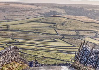 Yorkshire dales with drystone walls and fields and furrows
