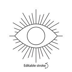 Boho eye line logo. Hypnosis and magic concept. Minimal sunny emblem. Bohemian sign. Isolated vector illustration